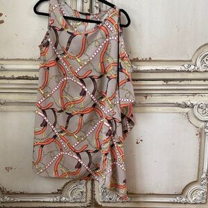 Sleeveless Chain-Print Asymmetric Dress - Taupe & Orange